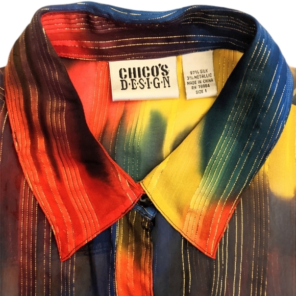 Vintage Chico's Silk Rainbow Metallic Tie Dye Button Down Shirt - Picture 3 of 4